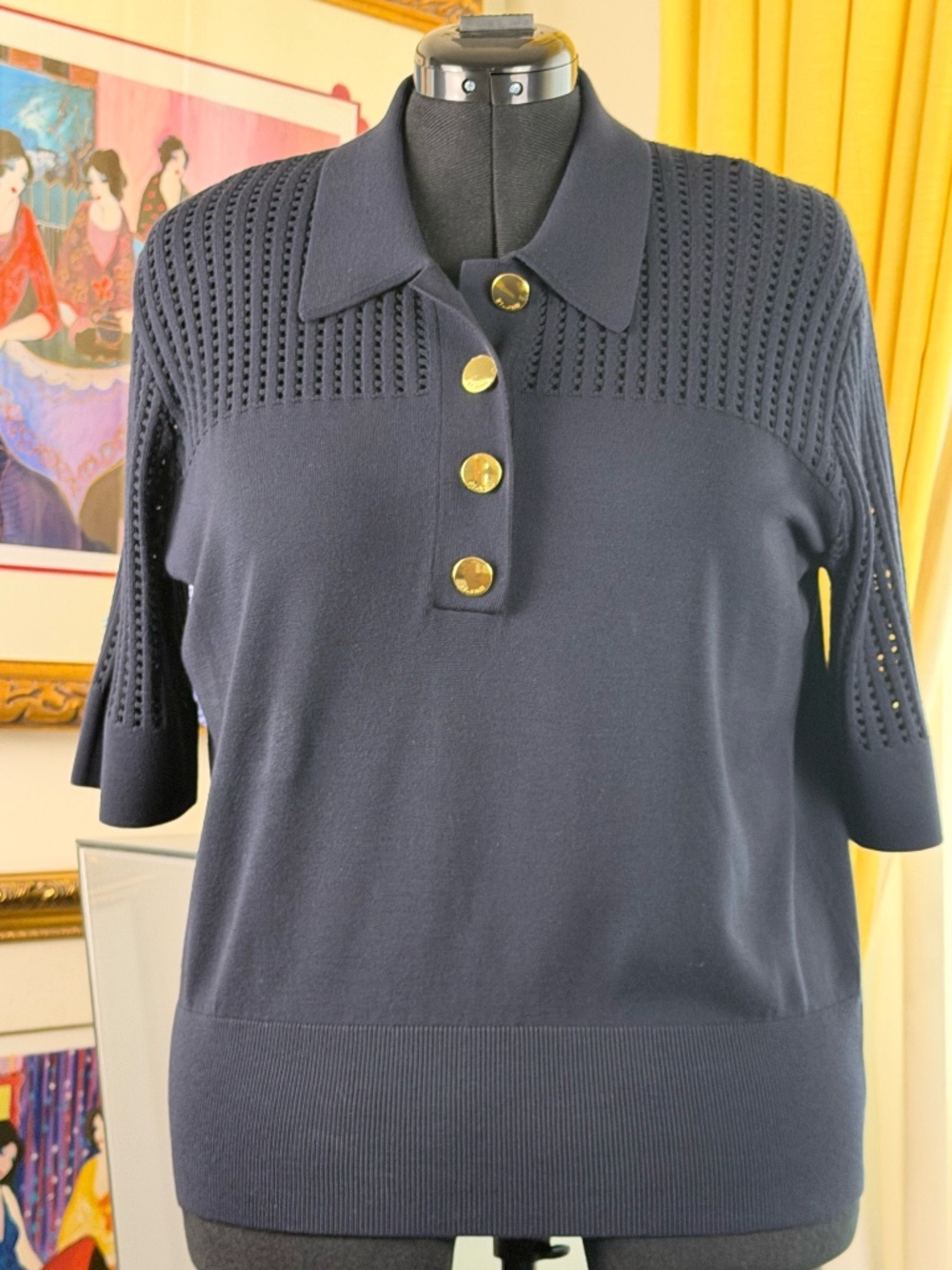 ST. JOHN COLLECTION POINTELLE OPEN KNIT POLO SWEATER